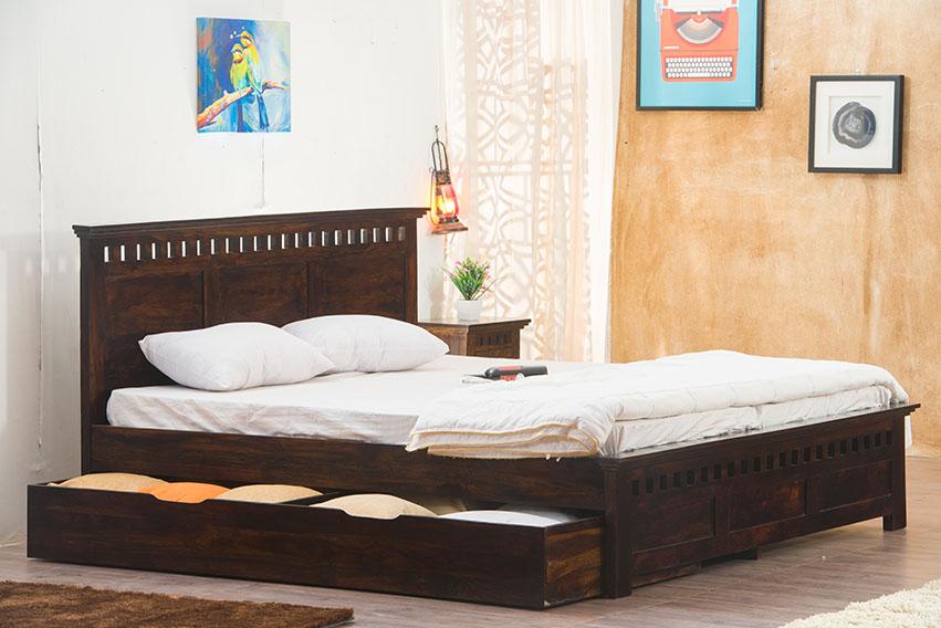 Buy Solid Wood Kuber Bed with Drawer Trolley Storage Latest Bed