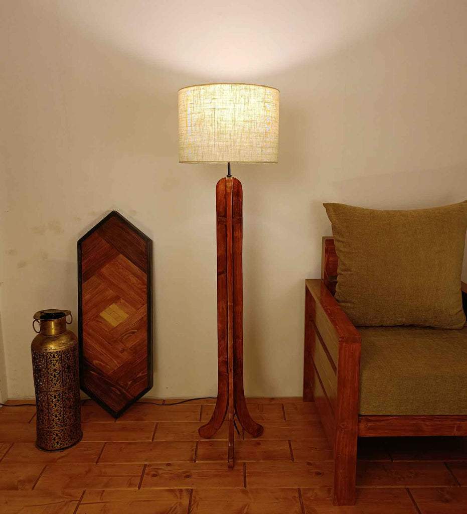 Damien Wooden Floor Lamp with Brown Base and Jute Fabric Lampshade
