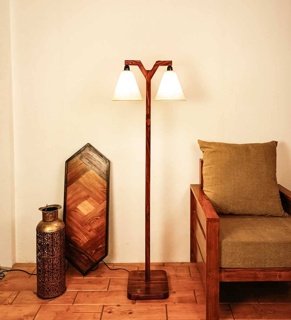 Elania Wooden Floor Lamp with Brown Base and Beige Fabric Lampshade