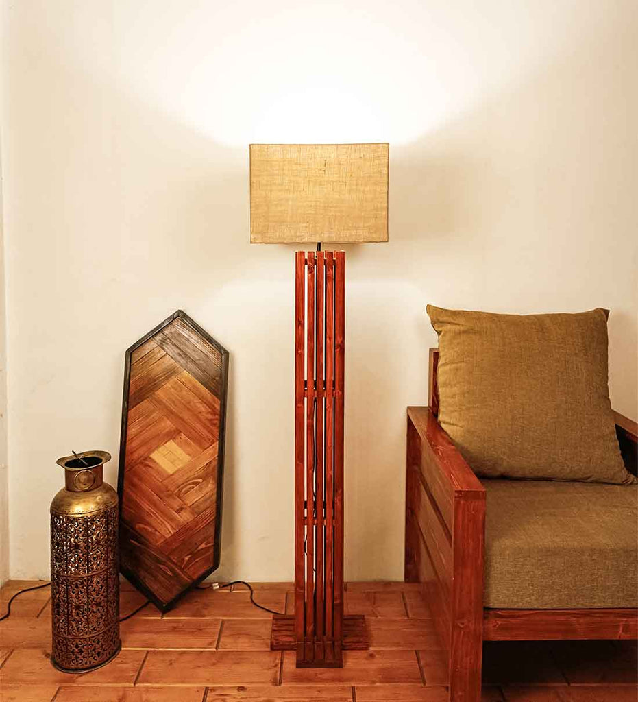 Solid Wood Elegant Beige Fabric Lampshade Floor Lamp With Brown Base