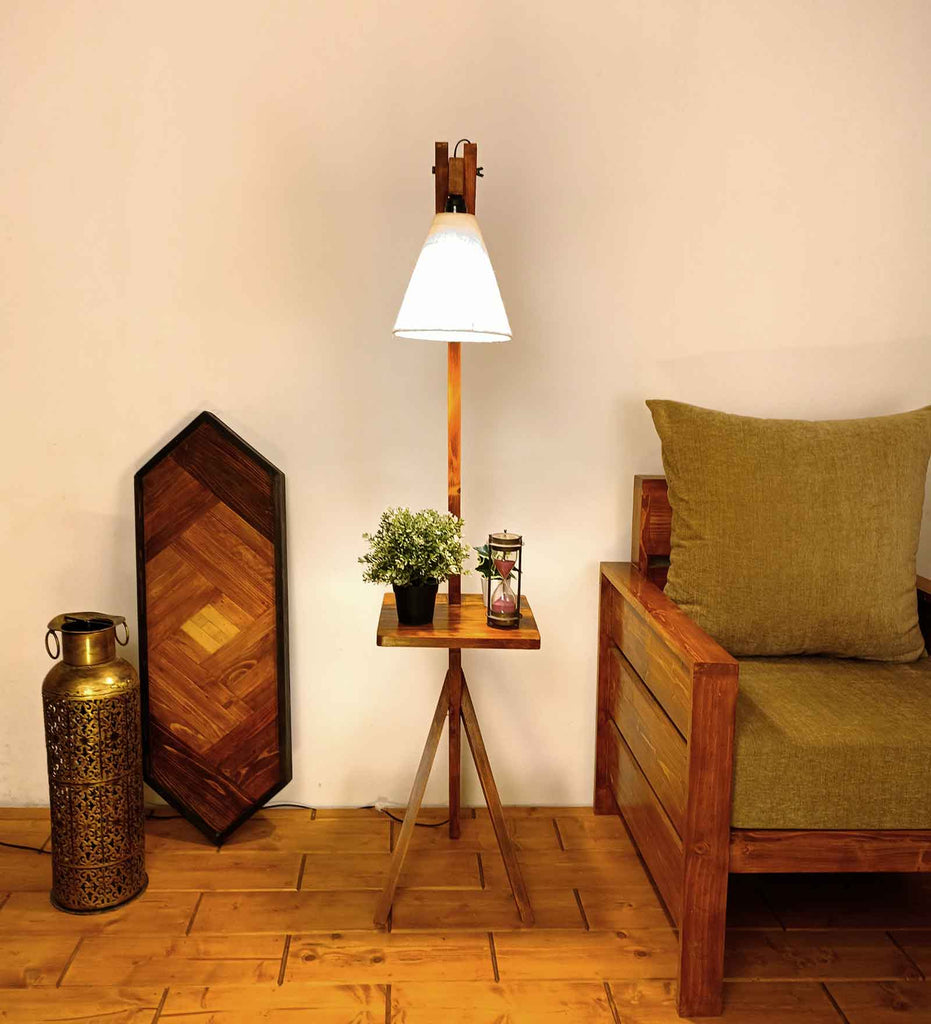 Hubert Wooden Floor Lamp with Brown Base and Jute Fabric Lampshade