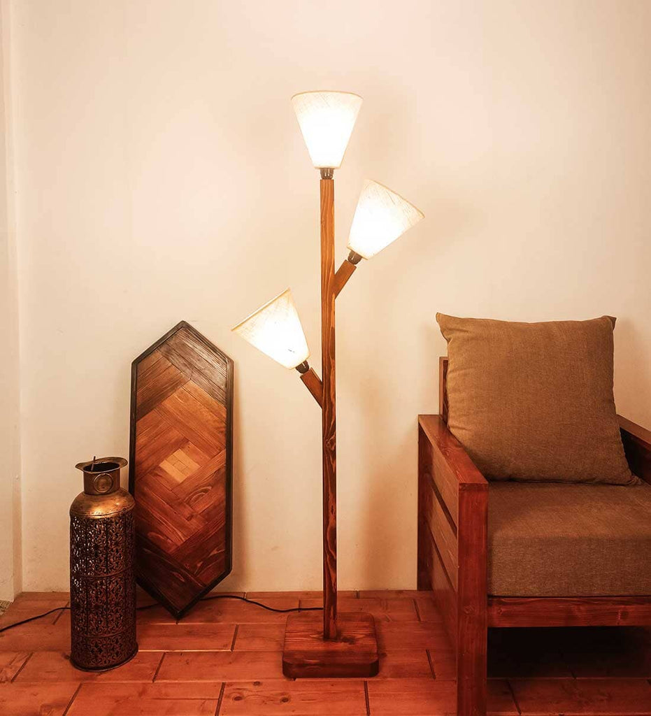 Jasper Wooden Floor Lamp with Brown Base and Beige Fabric Lampshade