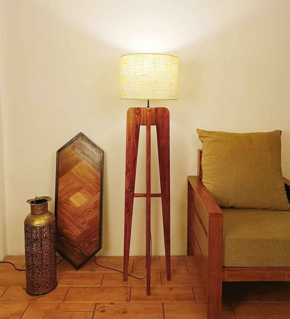 Solid Wood Jet Beige Fabric Lampshade Floor Lamp With Brown Base