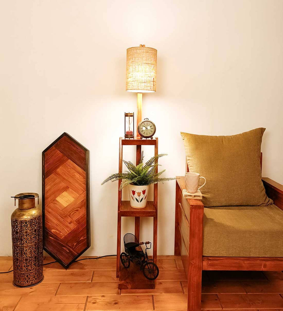 Julia Wooden Floor Lamp with Brown Base and Jute Fabric Lampshade