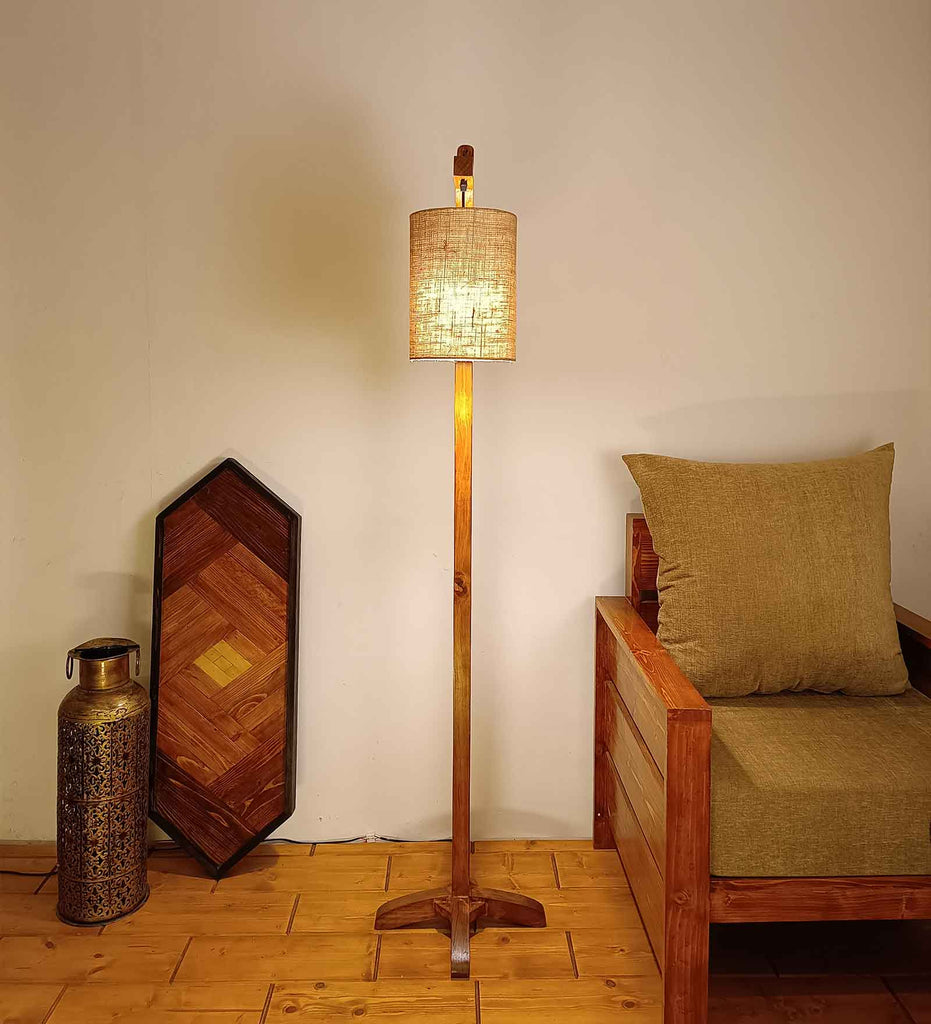 Leo Wooden Floor Lamp with Brown Base and Jute Fabric Lampshade