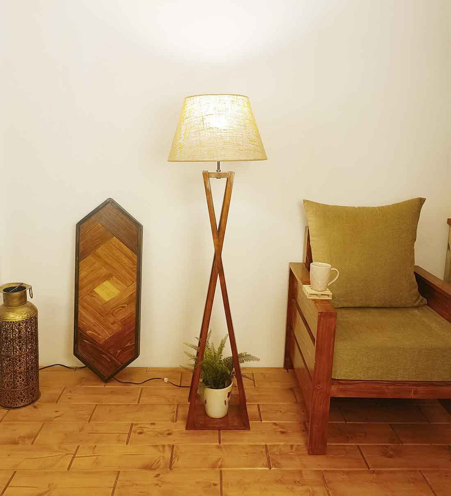 Solid Wood Monica Beige Jute Lampshade Floor Lamp With Brown Base