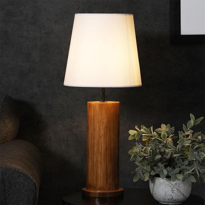Solid Wood Cedar White Fabric Lampshade  Table Lamp With Brown Base