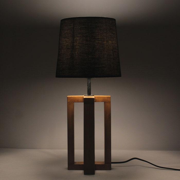 Solid Wood Criss Cross Black Fabric Lampshade Table Lamp With Brown Base