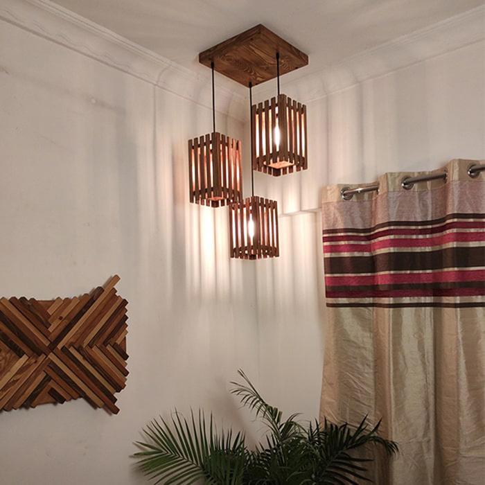 Solid Wood Elegant Cluster Hanging Lamp With Brown Base