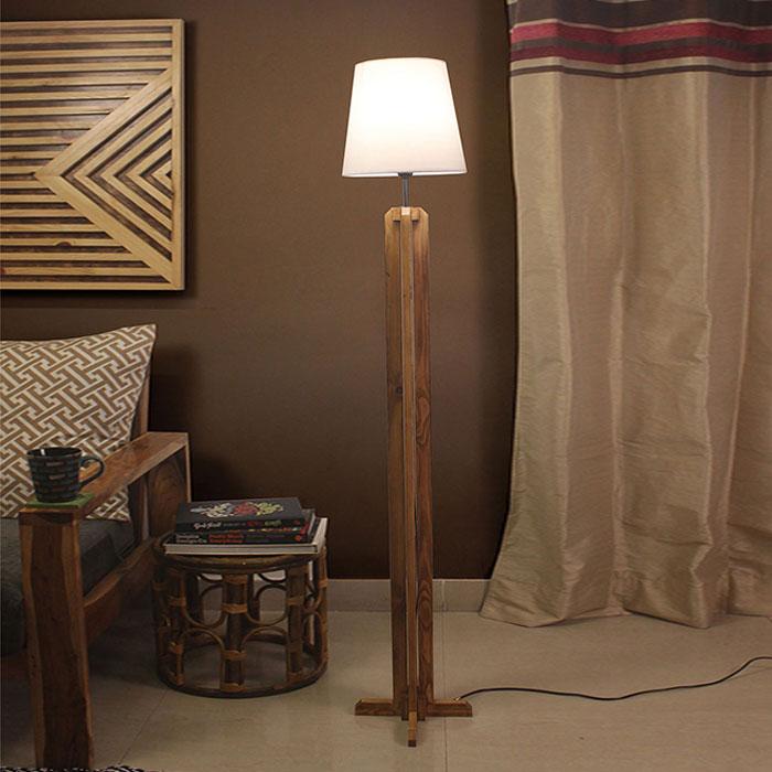 Solid Wood Inca White Fabric Lampshade Floor Lamp With Brown Base