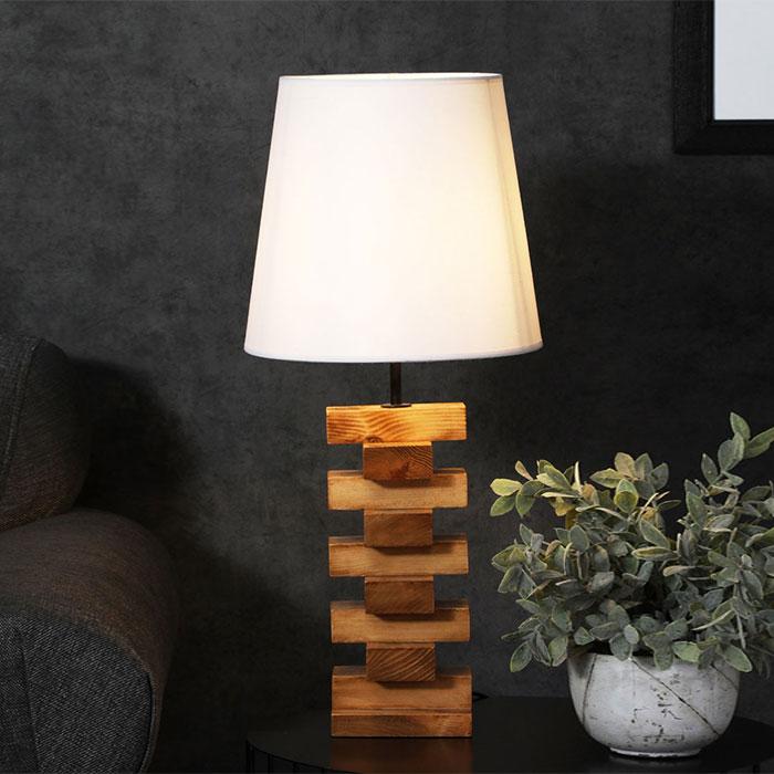 Solid Wood Jenga White Fabric Lampshade Table Lamp With Brown Base