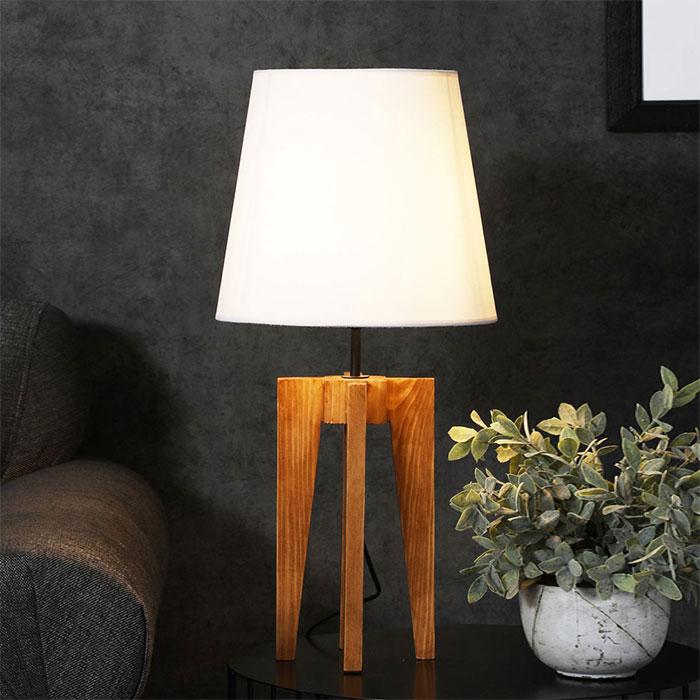 Solid Wood Jet White Fabric Lampshade Table Lamp With Brown Base