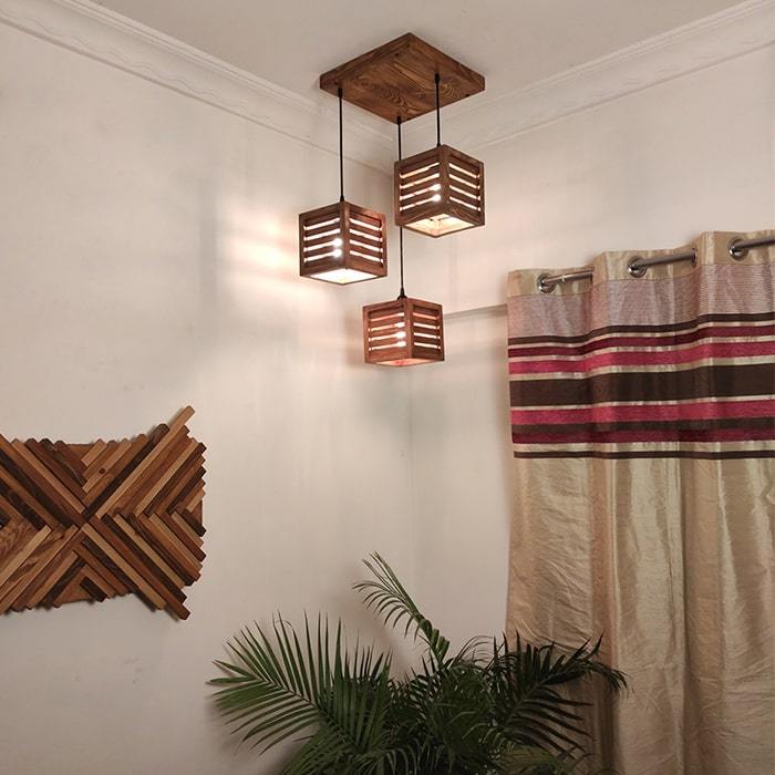 Solid Wood Lyon Cluster Hanging Lamp With Brown Base