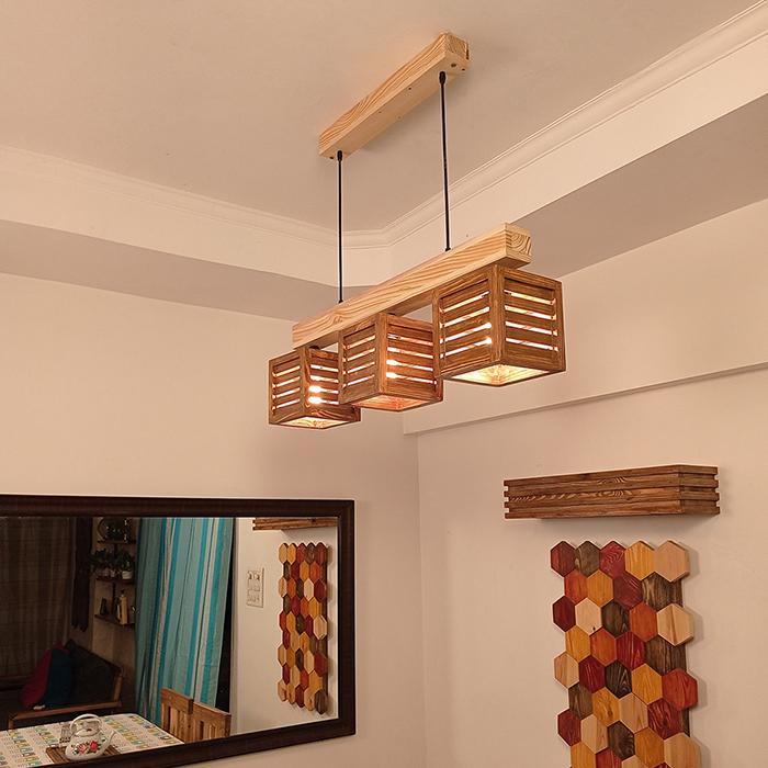 Solid Wood Lyon Series Hanging Light With Brown & Beige Base