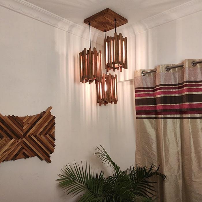 Solid Wood Palisade Cluster Hanging Lamp With Brown Base