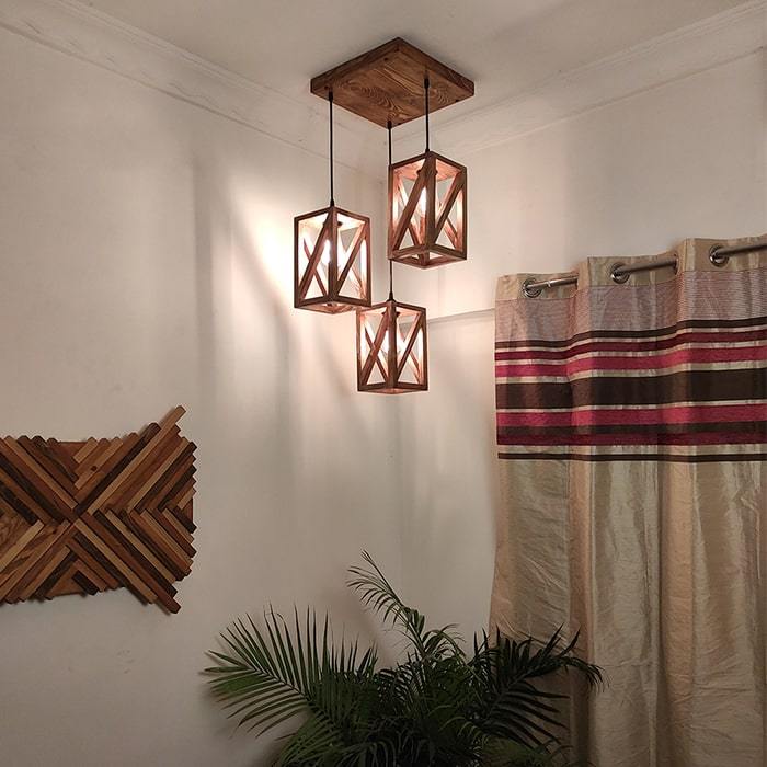 Solid Wood Symmetric Cluster Hanging Lamp With Brown Base