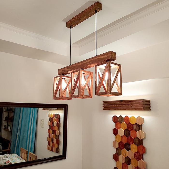Solid Wood Symmetric Series Hanging Light With Brown Base