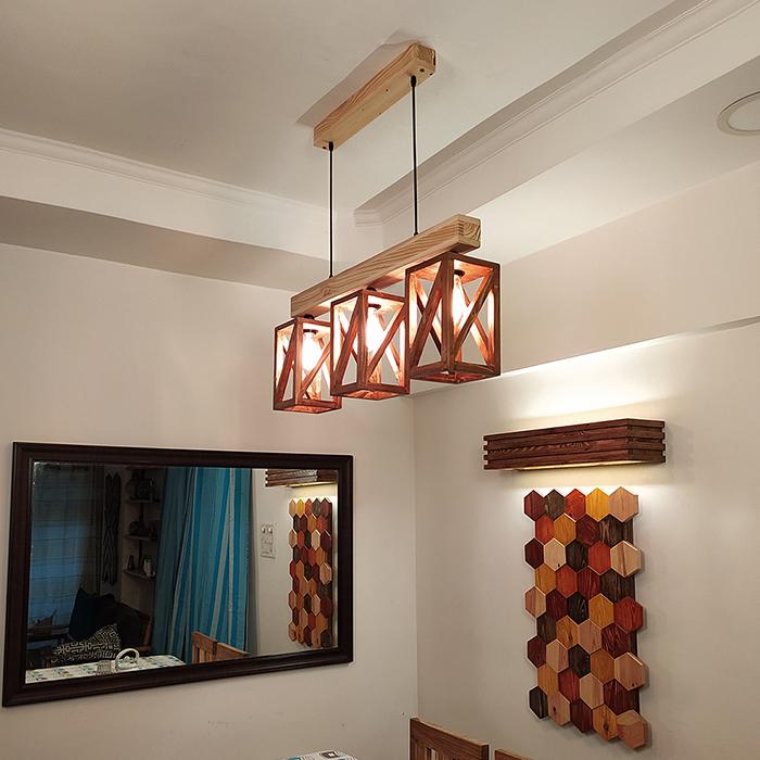 Solid Wood Symmetric Series Hanging Light With Brown & Beige Base