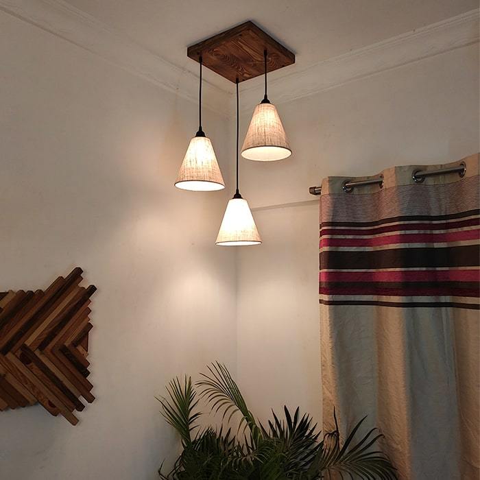 Solid Wood Terzo Beige Fabric Lampshade Cluster Hanging Lamp With Brown Base
