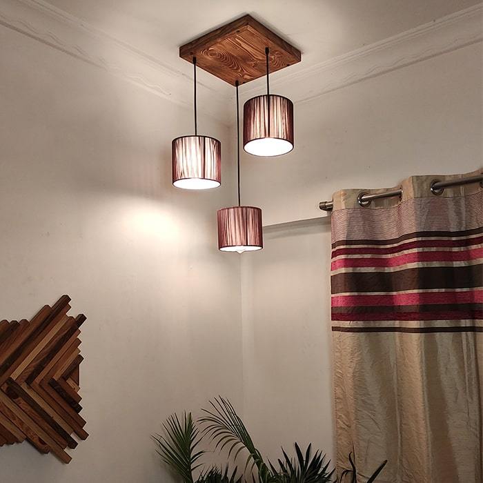 Solid Wood Tiga Brown Fabric Lampshade Cluster Hanging Lamp With Brown Base