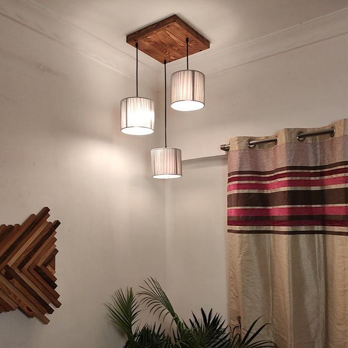 Solid Wood Tiga Silver Fabric Lampshade Cluster Hanging Lamp With Brown Base