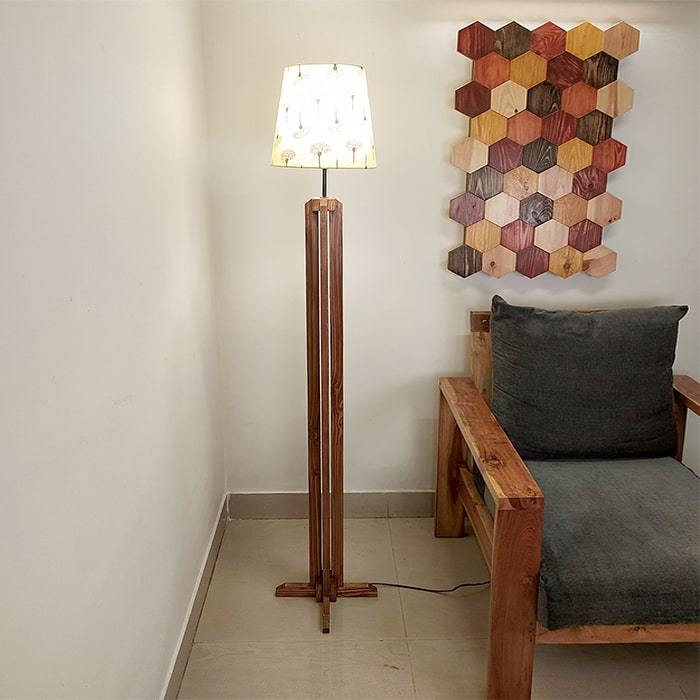 Solid Wood Inca Yellow Printed Fabric Lampshade Floor Lamp With Brown Base