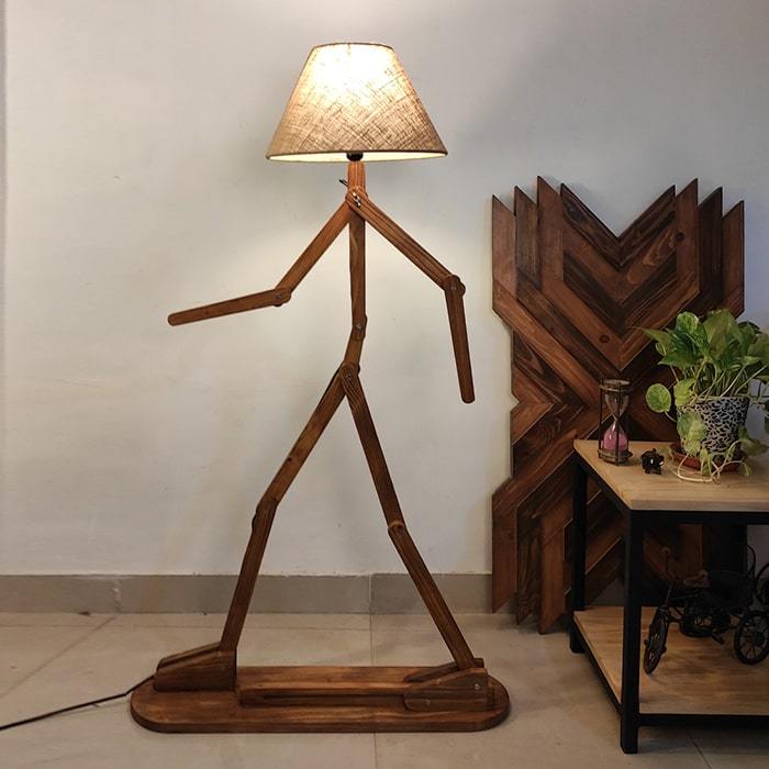 Solid Wood Moonwalker Beige Fabric Lampshade Floor Lamp With Brown Base