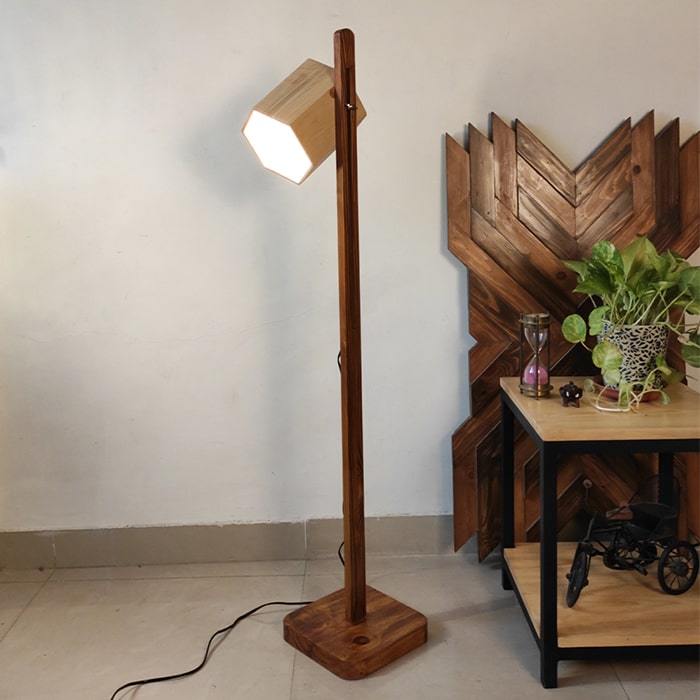 Solid Wood HexSpot Beige Lampshade Floor Lamp With Brown Base