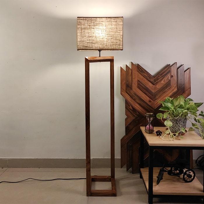 Solid Wood Tesseract Beige Fabric Lampshade Floor Lamp With Brown Base