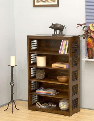 wooden bookshelf design featuring traditional jali detailing