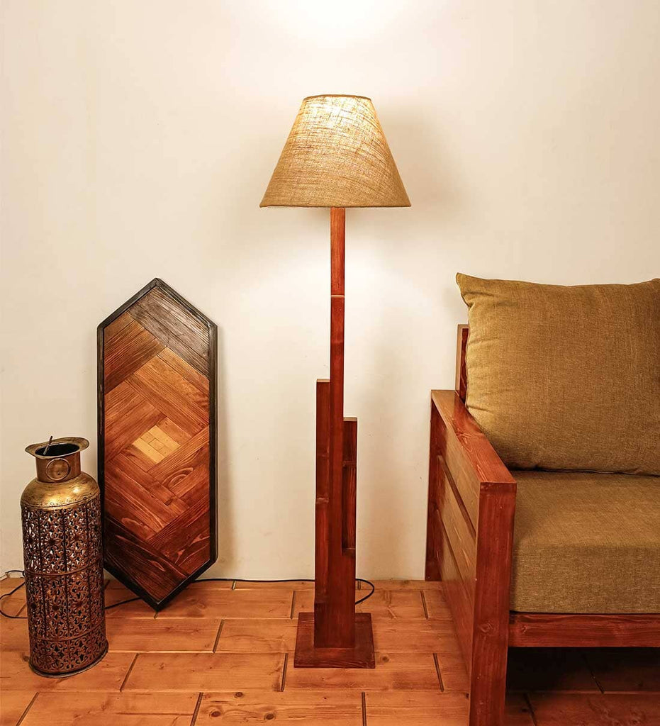 Solid Wood Skyline Beige Fabric Lampshade Floor Lamp With Brown Base