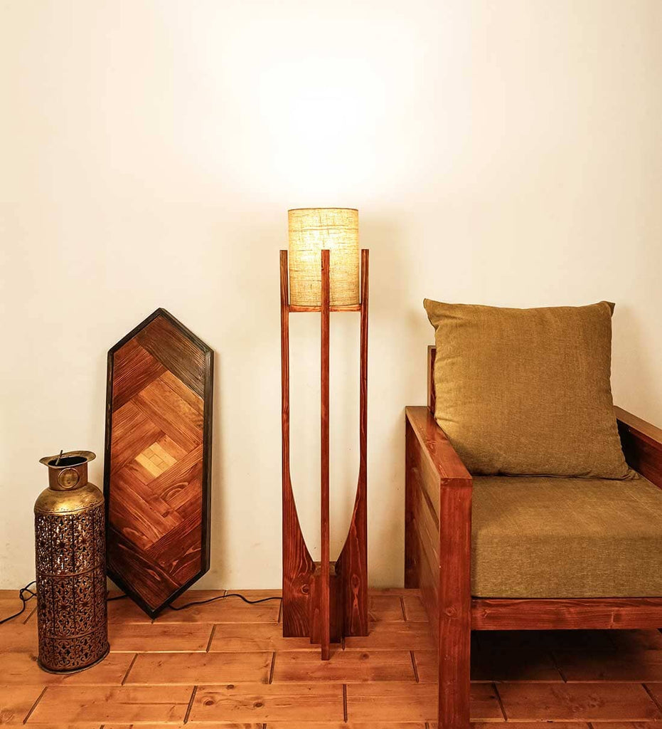 Solitaire Wooden Floor Lamp with Brown Base and White Fabric Lampshade