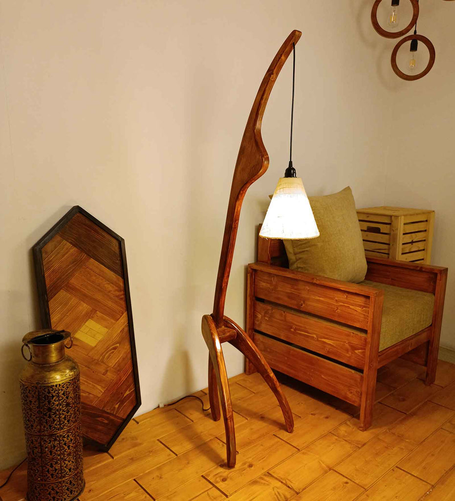 Species Wooden Floor Lamp with Brown Base and Jute Fabric Lampshade