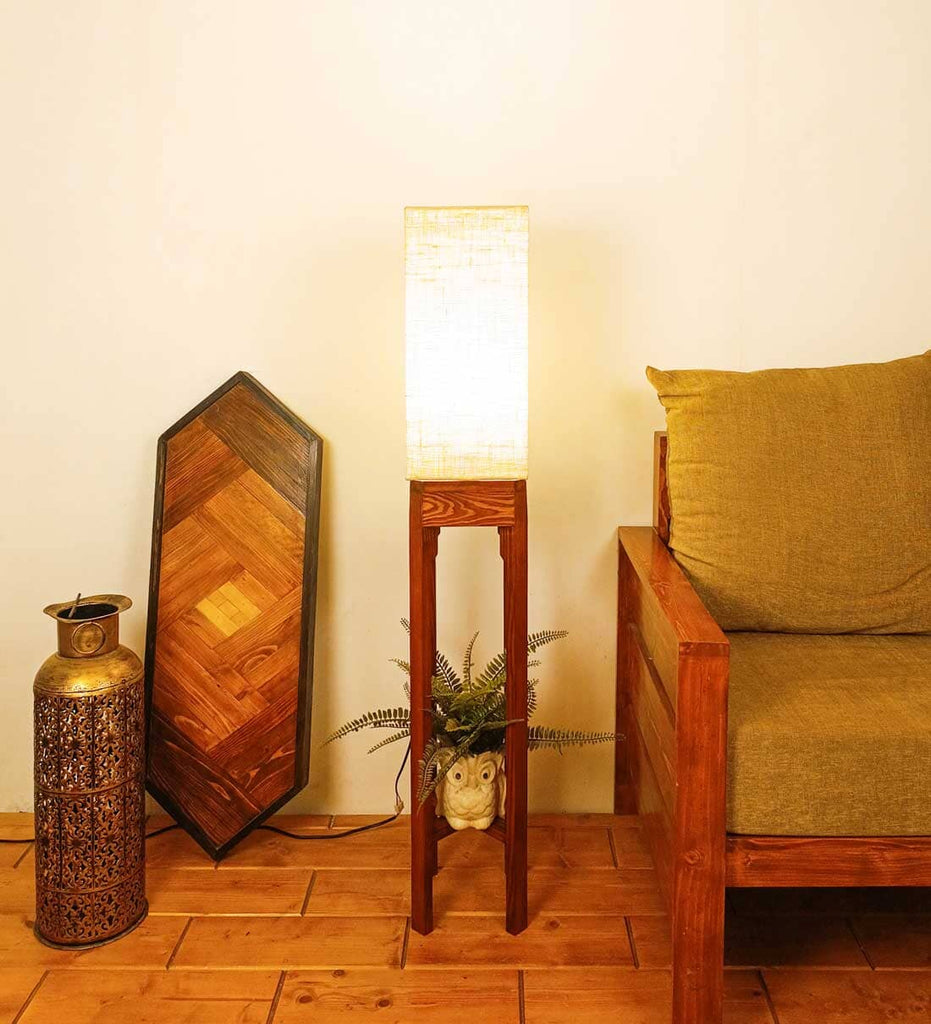Solid Wood Sputnik Beige Fabric Lampshade Floor Lamp With Brown Base