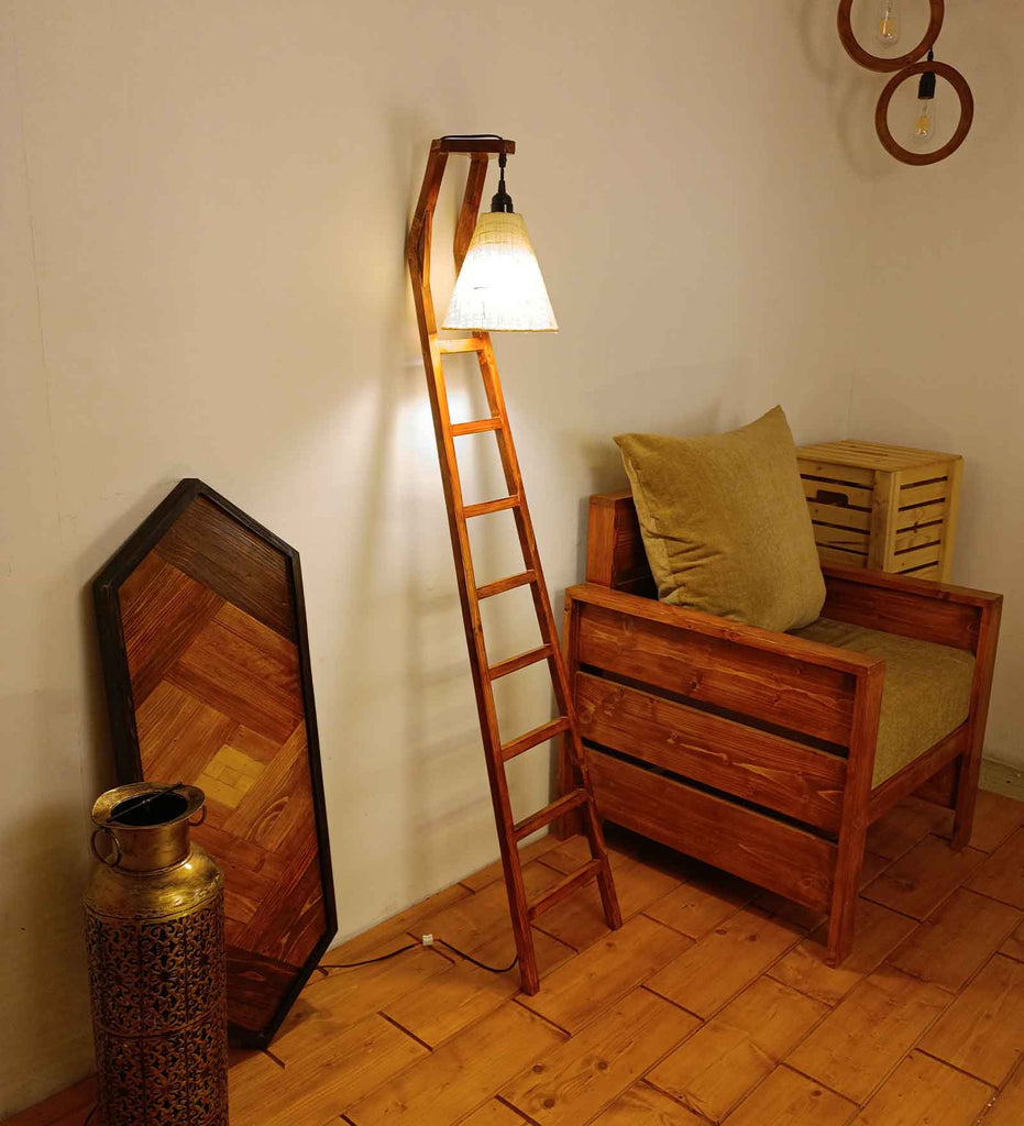 Stairway Wooden Floor Lamp with Brown Base and Jute Fabric Lampshade