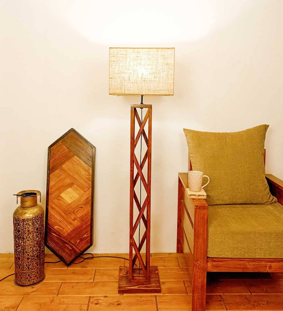 Solid Wood Symmetric Beige Fabric Lampshade Floor Lamp With Brown Base