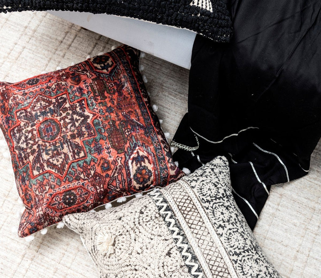 Thistle Maroon Printed Cotton Durrie Cushion With Hand Work
