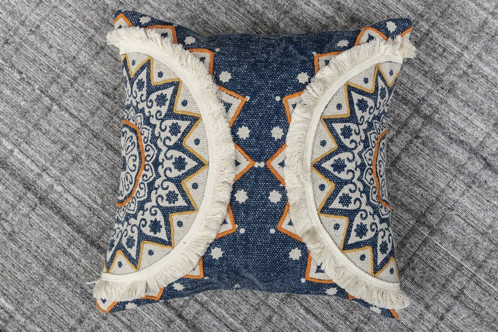 Tidal Ivory Blue Printed Cotton Durrie Cushion With Hand Work