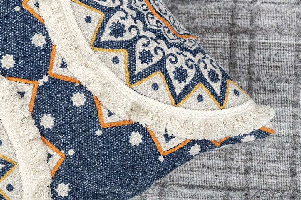 Tidal Ivory Blue Printed Cotton Durrie Cushion With Hand Work