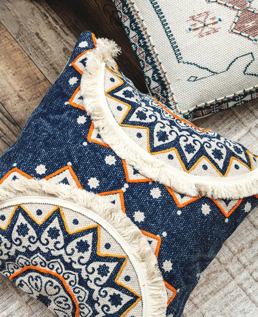 Tidal Ivory Blue Printed Cotton Durrie Cushion With Hand Work