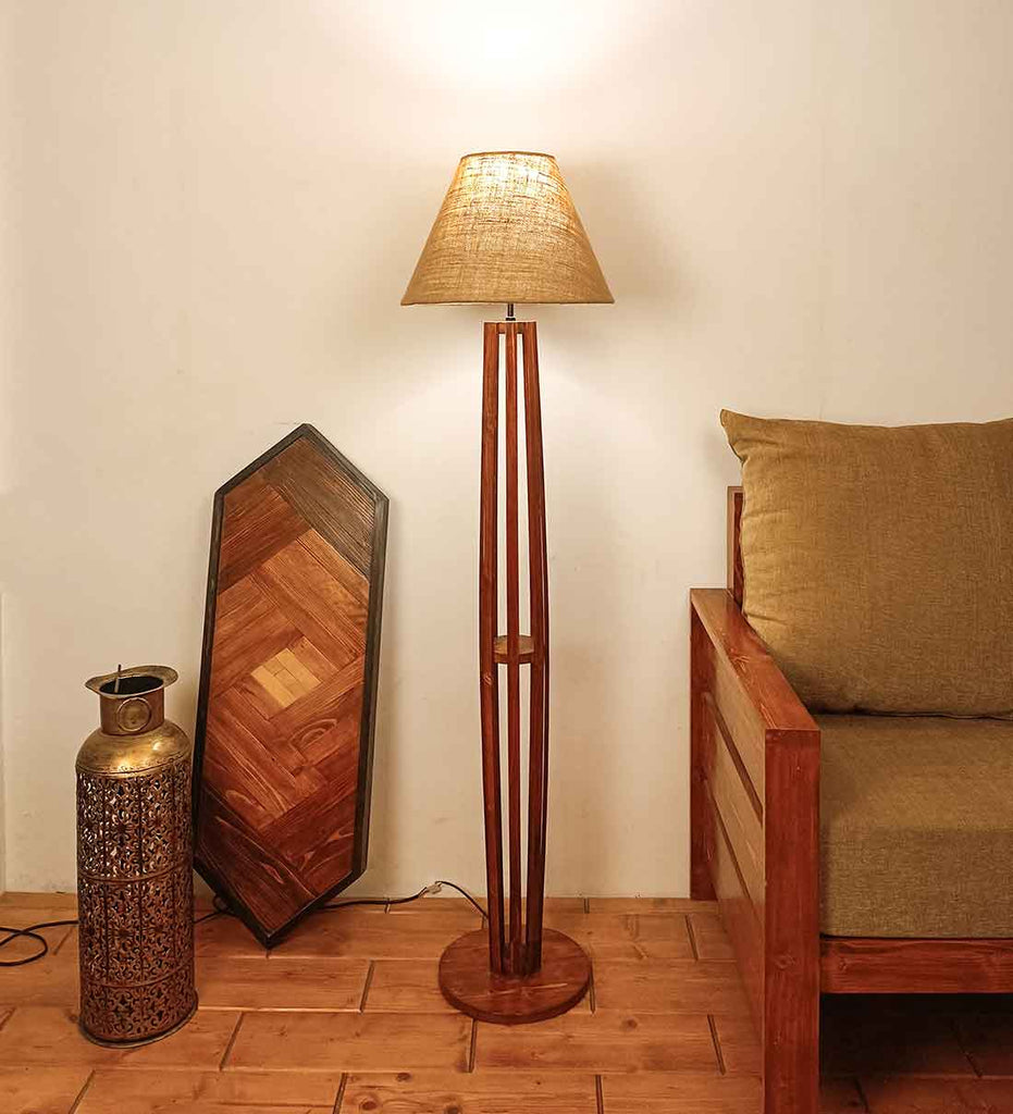 Solid Wood Tall Boy Yellow Printed Fabric Lampshade Floor Lamp With Brown Base