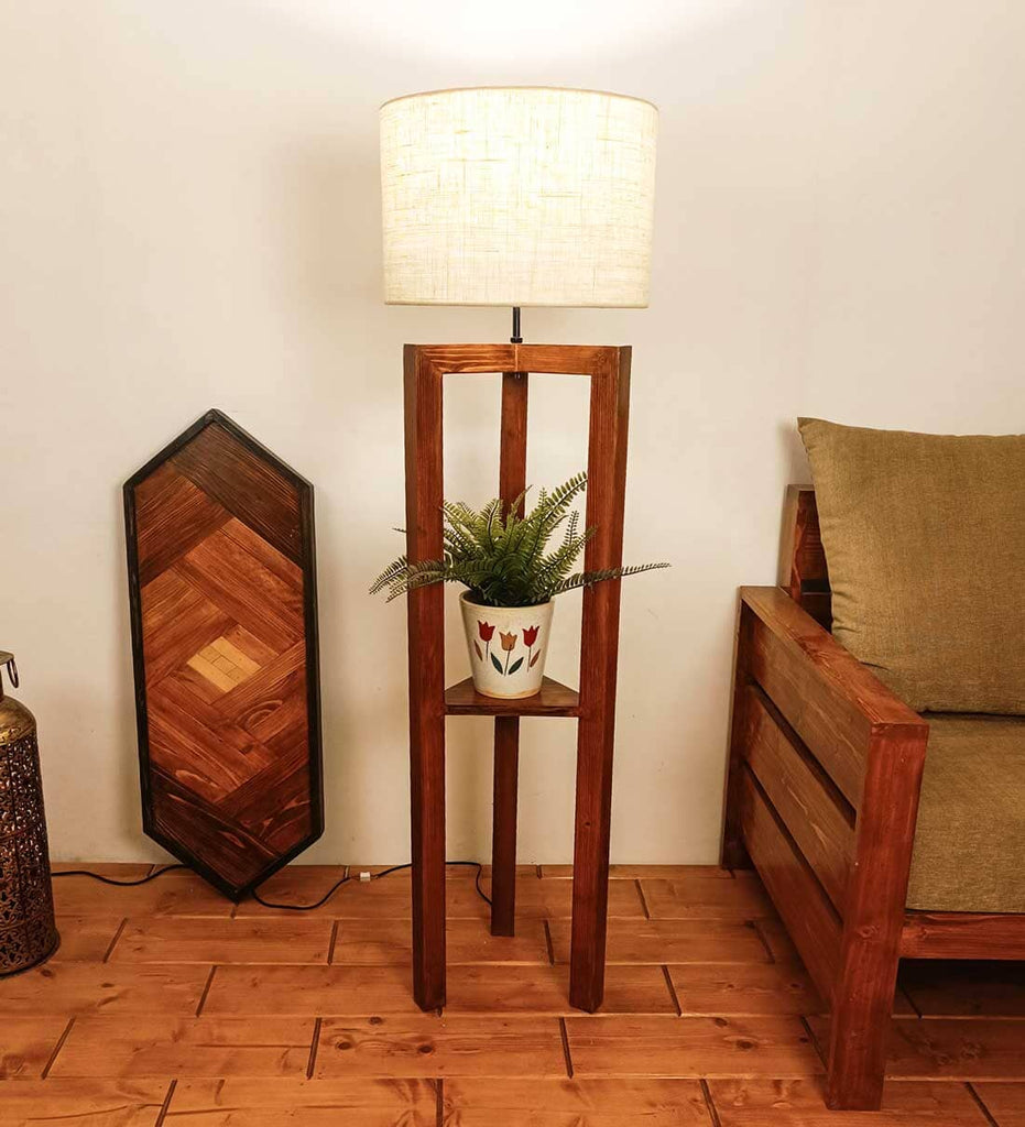 Solid Wood Triad Beige Fabric Lampshade Floor Lamp With Brown Base