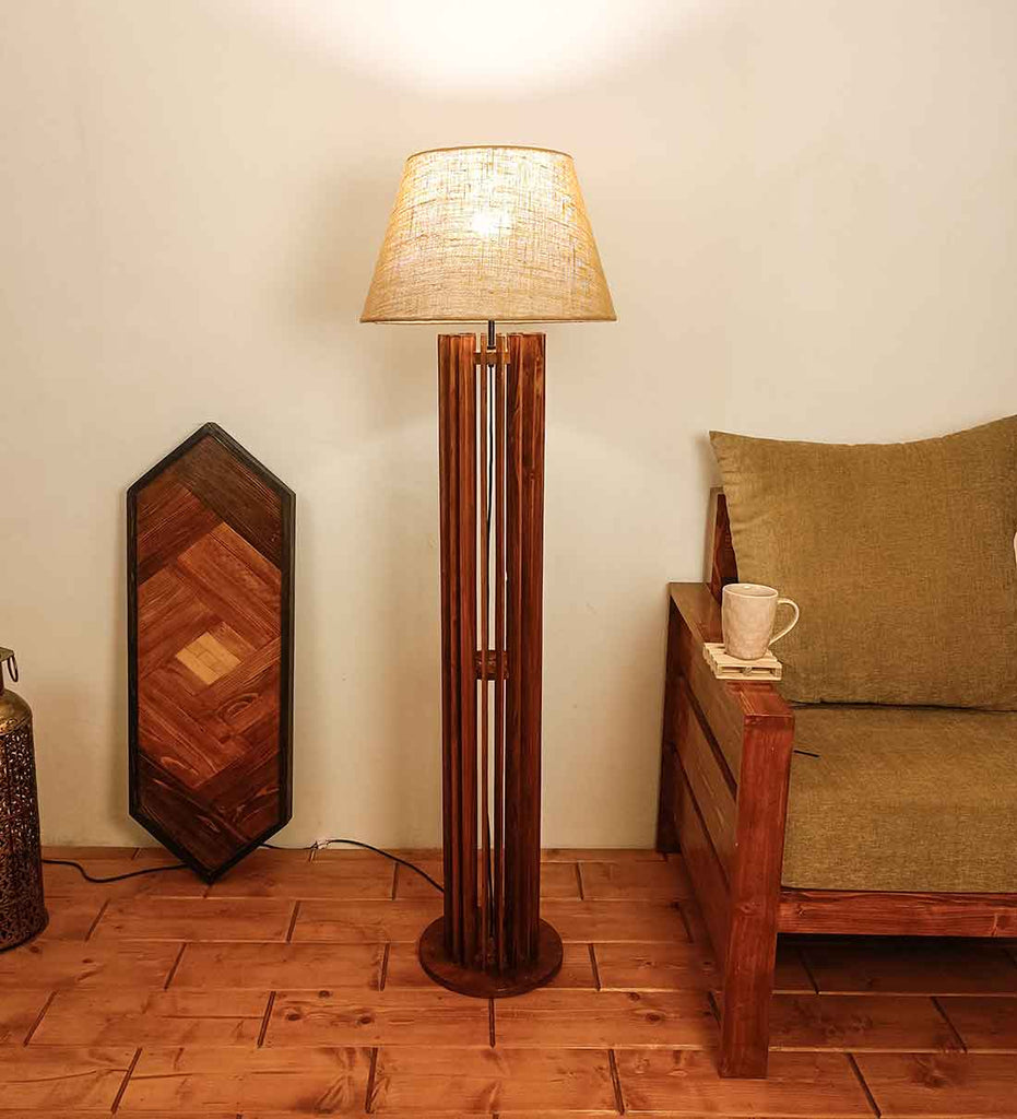 Solid Wood Ventus Beige Fabric Lampshade Floor Lamp With Brown Base