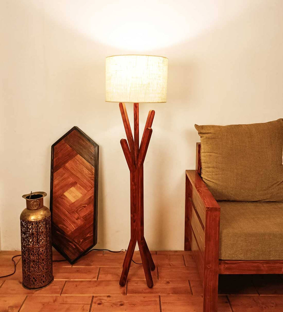 Solid Wood Vrikshya Beige Lampshade Floor Lamp With Brown Base