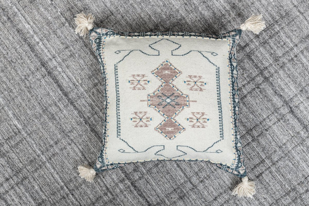 Wisteria  Ivory Printed Cotton Durrie Cushion With Hand Work