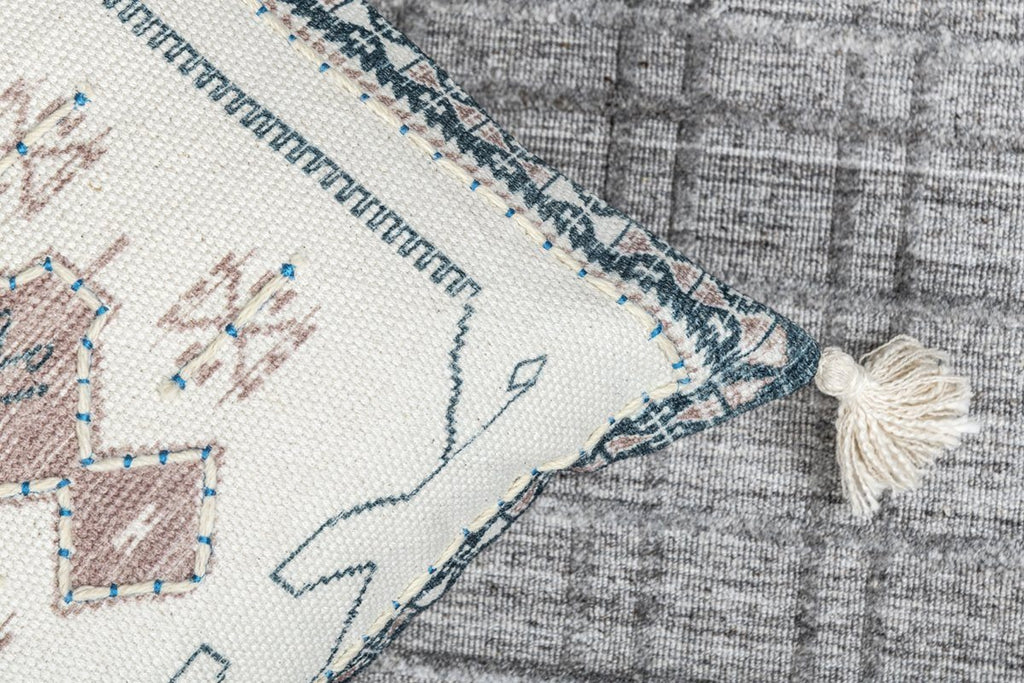 Wisteria  Ivory Printed Cotton Durrie Cushion With Hand Work