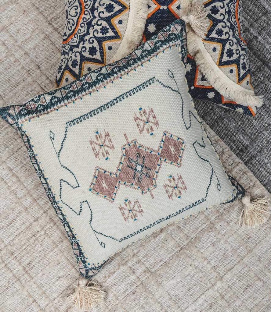 Wisteria  Ivory Printed Cotton Durrie Cushion With Hand Work