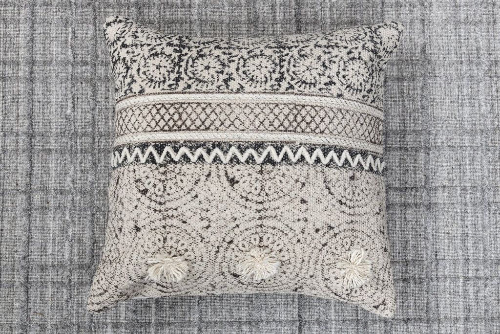 Witton Grey Brown Printed Cotton Durrie Cushion With Hand Work