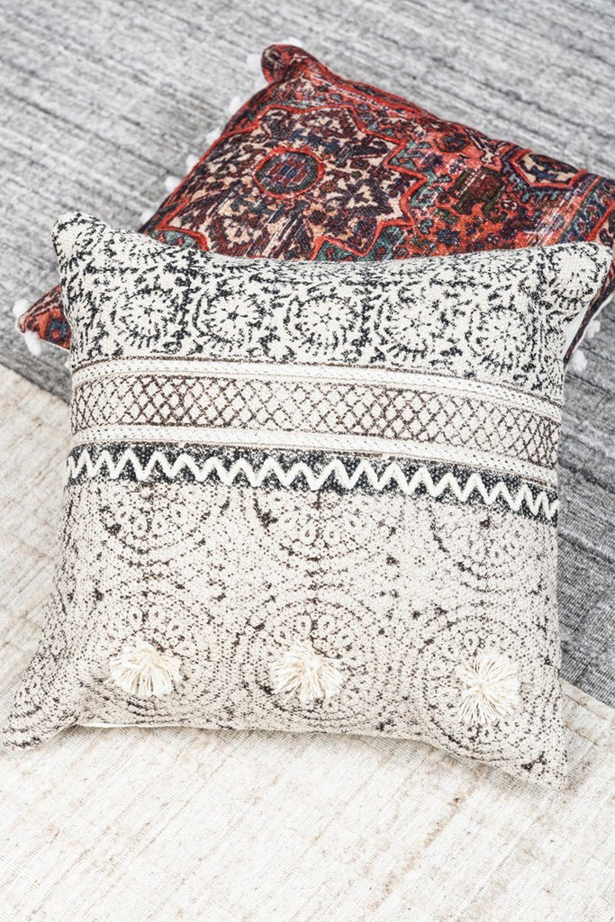 Witton Grey Brown Printed Cotton Durrie Cushion With Hand Work
