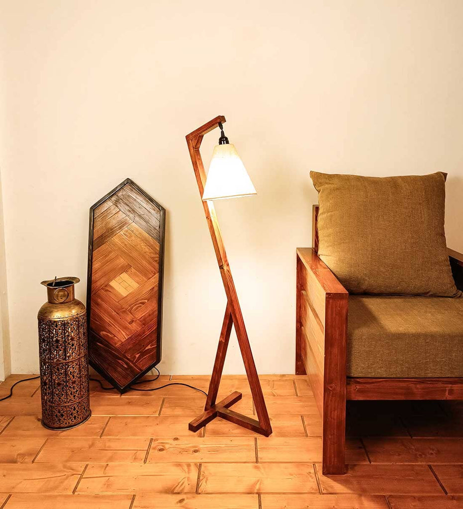 Solid Wood Zed Beige Fabric Lampshade Floor Lamp With Brown Base